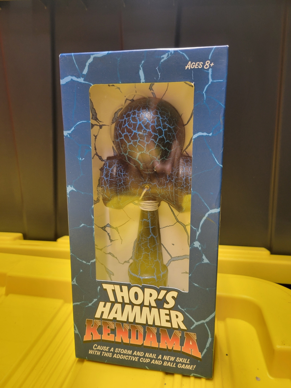 thor Kendama Toy in Blue and Yellow Crackle Finish